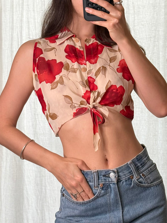 Vintage Red & Beige Floral Cropped Viscose Tie Front Top XS/S