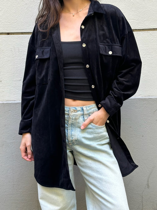 Vintage Velvet Black Button Down Shirt Jacket M/L