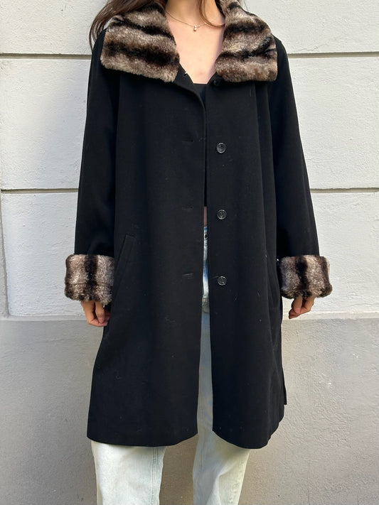 Vintage Black Wool Faux Fur Coat L