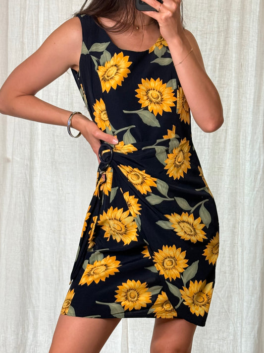 Vintage 100% Viscose Sunflower Print Belt Dress M