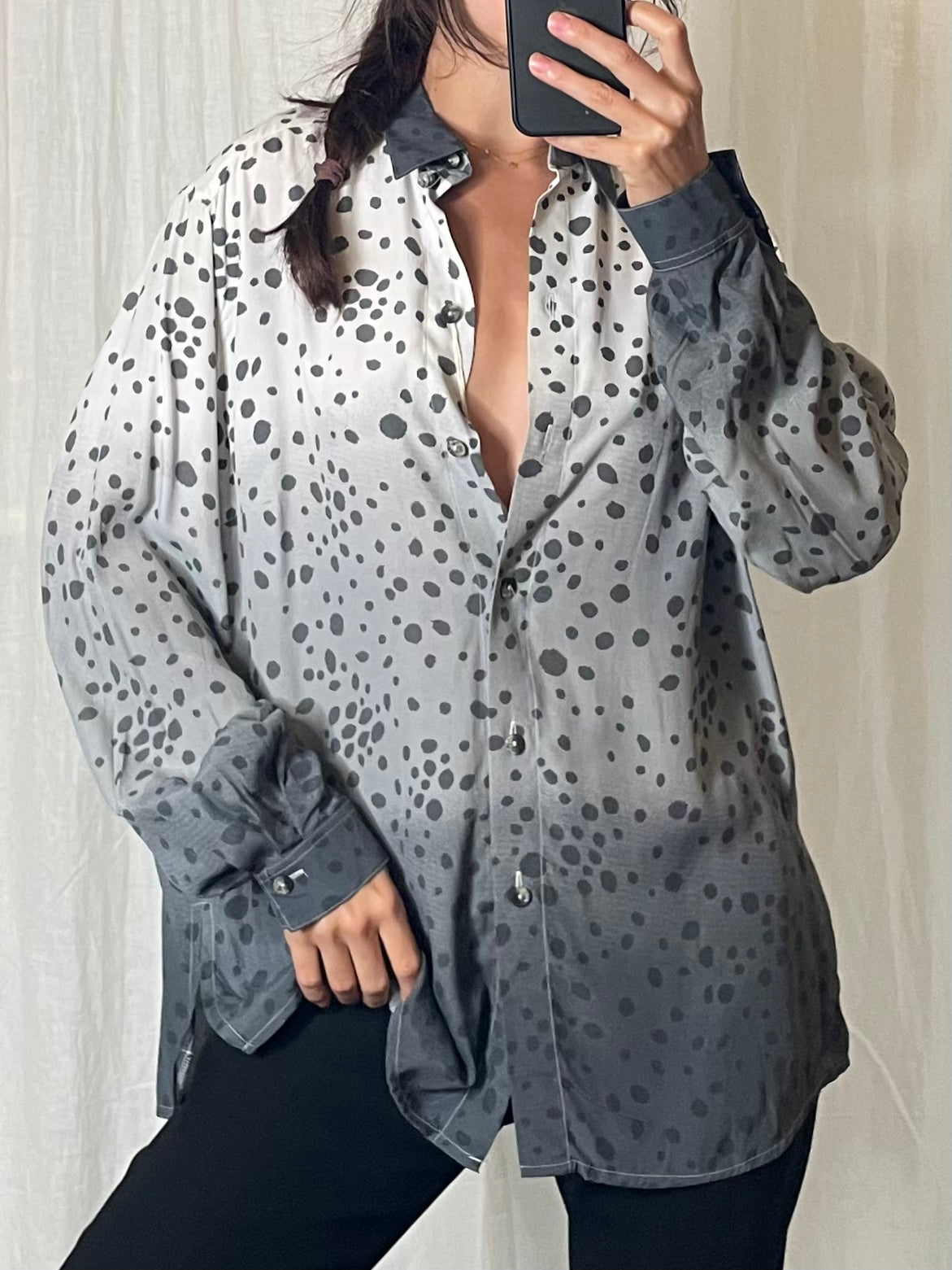 Vintage Gray Ombre Dot Printed Button Down Blouse M