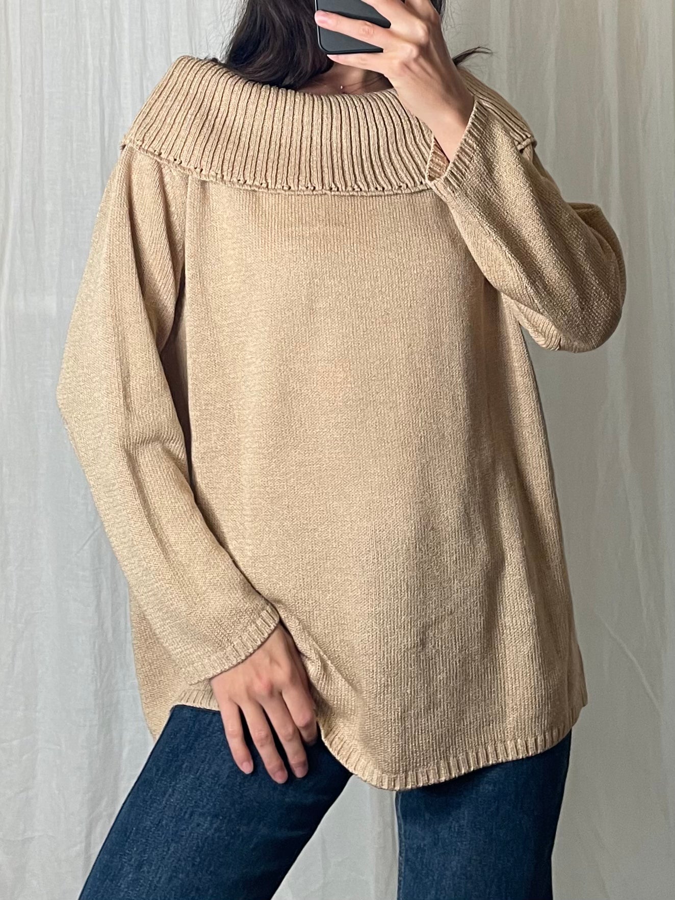 Vintage Golden Beige Wide Neck Tunic Sweater M