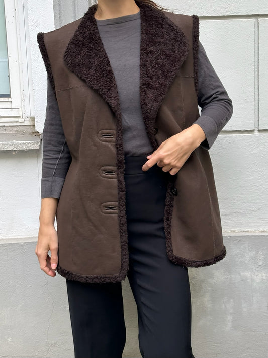 Vintage Reversible 2-in-1 Faux Shearling Brown Vest Gilet M