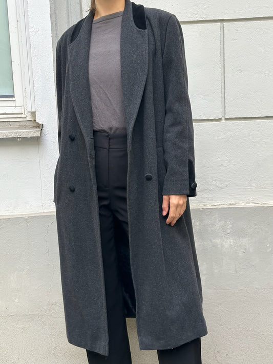Vintage Wool Blend Gray & Velvet Collar Maxi Coat M